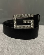 Guess Vintage 90s Y2K Small Rhinestone Crystal Logo Buckle Black Leather Belt