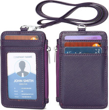 ID Badge Holder with Neck Lanyard PU Leather ID Badge Wallet Case with 1 ID Wind