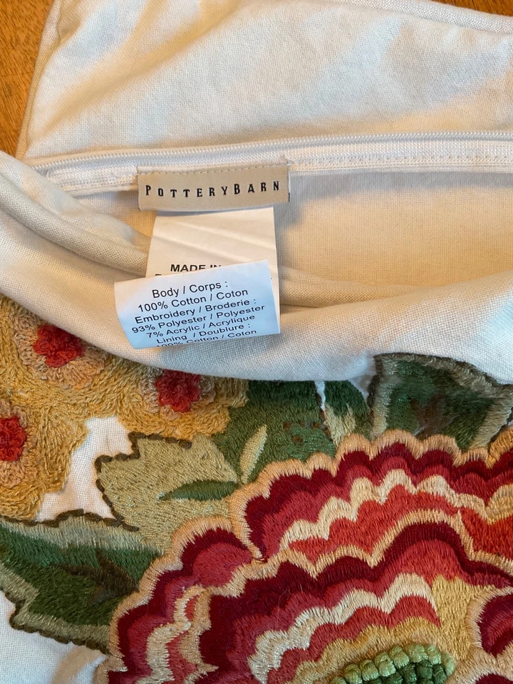 Lot Set of 2 Pottery Barn Embroidered Floral Pillow Covers 18"x18", beautiful! - Image 4 of 4