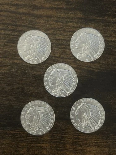 Lot of 5 - 1/10 Troy Ounce .999 Golden State Mint Silver Incuse Indian Round