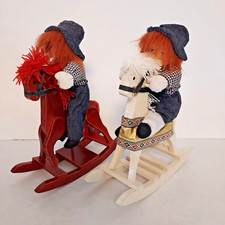 Rocking Horse Wooden Pair Country Farm Boy Girl Yarn Mane Tail Cottage Core