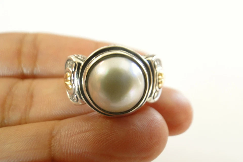 White Mabe Pearl 18K Gold Diamonds 925 Sterling Silver Ring Size 6 7 8 9  - Image 2 of 4
