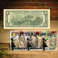 BALLOON GIRL FOUNDING FATHERS BANKSY Pop Art SIGNED by RENCY Genuine U.S $2 Bill