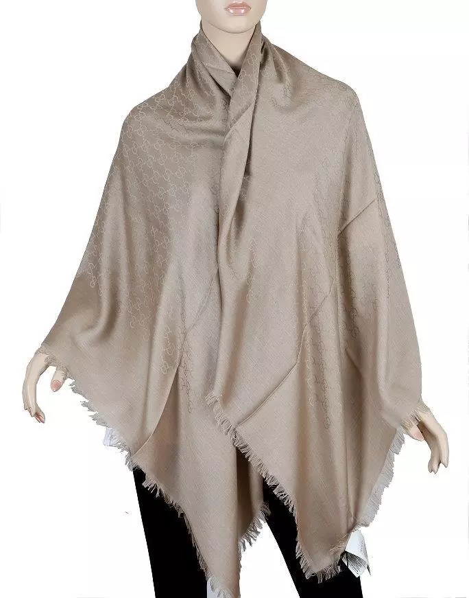 NEUF ÉCHARPE GCCI TAUPE BEIGE IMPRIMÉ LAINE SOIE CHÂLE GÉANT ENVELOPPANT ÉTOLE 54