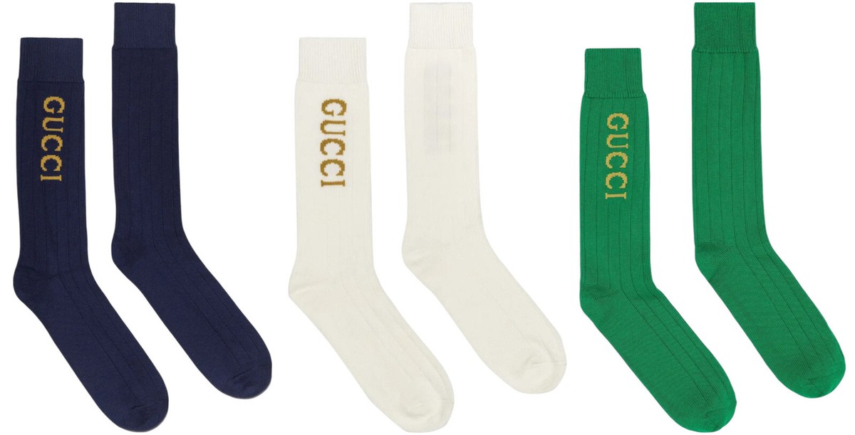 Authentic Men's Gucci Intarsia Knit Cotton Long Logo Socks 732697