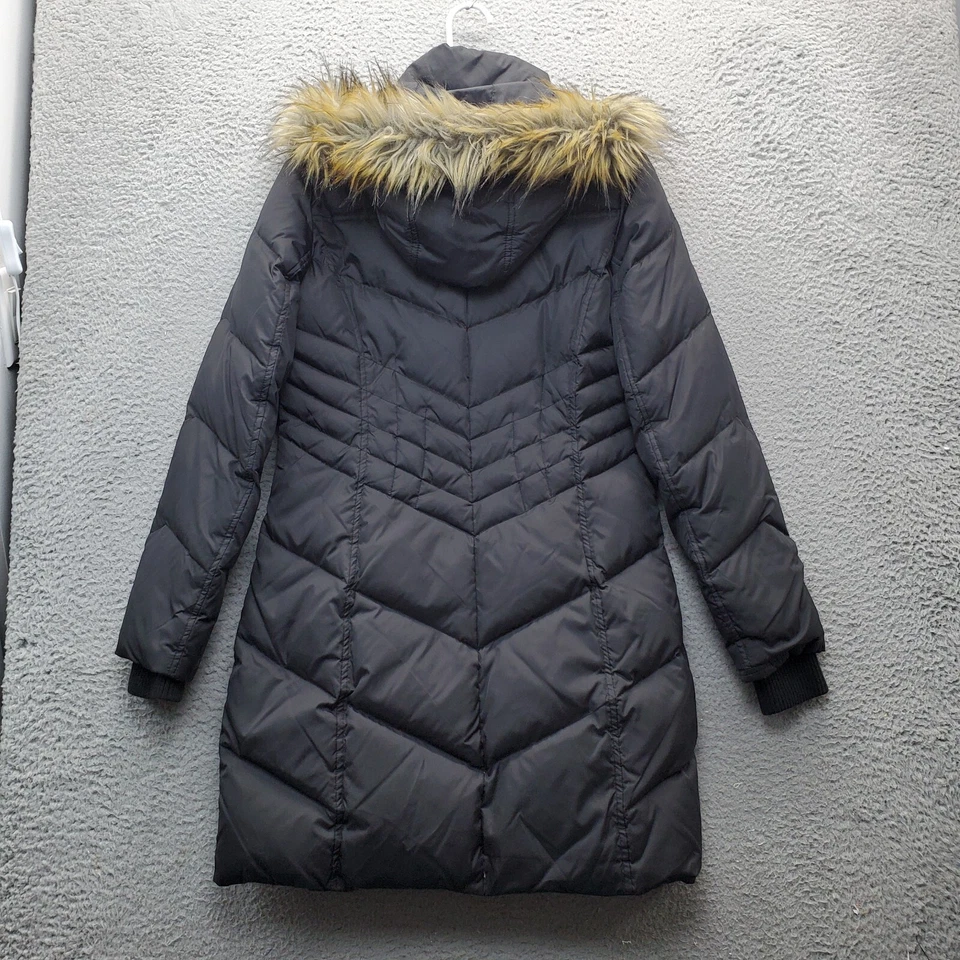 Abrigo acolchado Larry Levine para mujer XS negro imitación piel capucha a presión frontal interior cremallera Foto 2 de 4