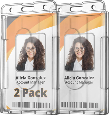 Heavy Duty Badge Holder Hard Plastic ID Card Protector Case, 2 Pack
