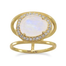 14K Gold Plated Rainbow Moonstone and Gray Diamond 925 Sterling Silver Ring