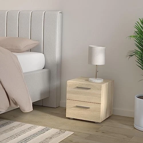 , Mesita de noche de 2 cajones para dormitorio, manijas de cajón modernas plateadas, roble Foto 3 de 4