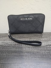 Michael Kors Black Quilted Leather Continental Zip Around Wristlet Wallet CL