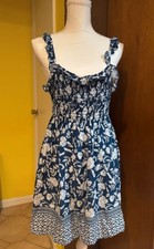 Navy Floral Smocked Mini Dress with Ruffle Straps Size Medium Boho