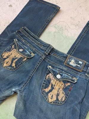 Mek womens graffiti flap pocket dark wash jeans low rise bootcut w35 uk14-16 y2k