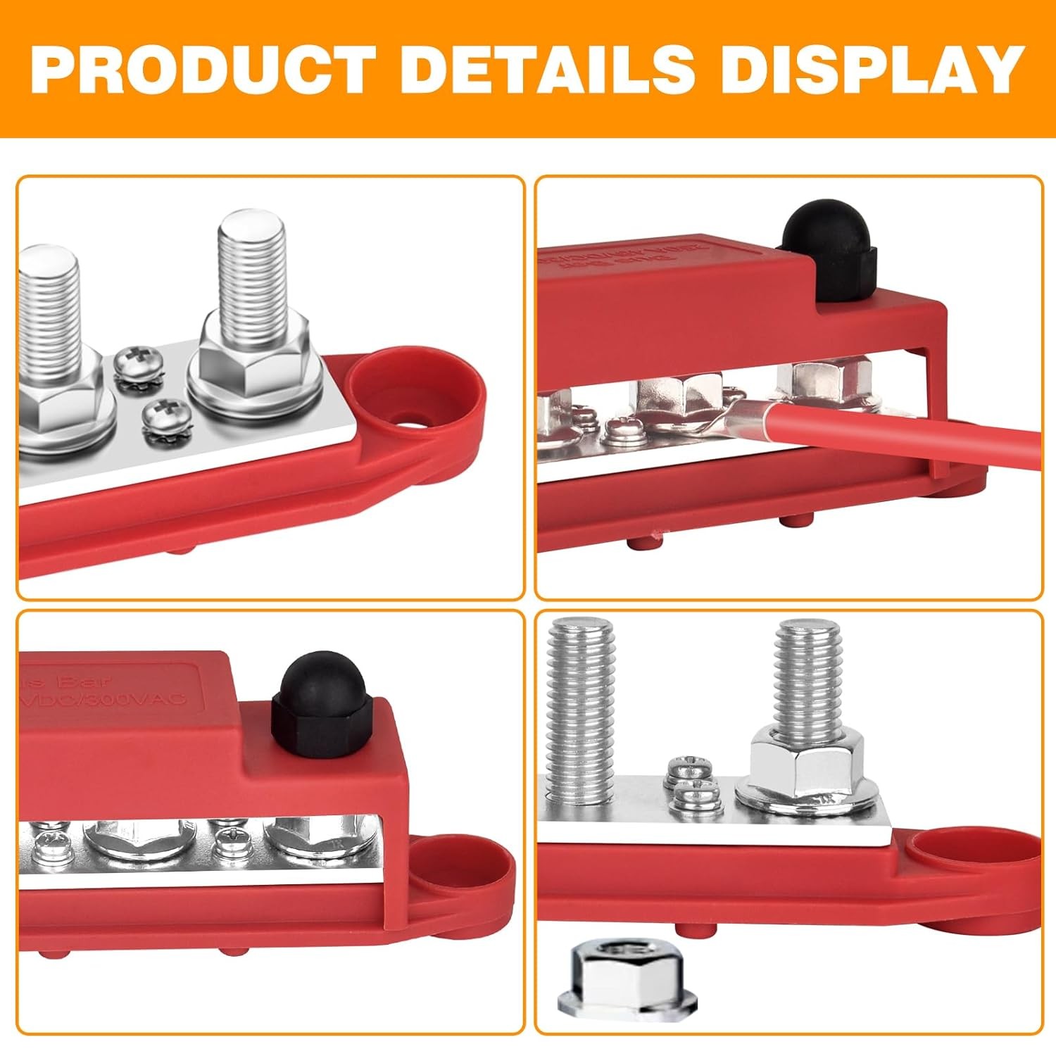 Power Distribution Block 12V 250A Bus Bar 4 x 5/16" Stud Marine, 6 Red, Black 