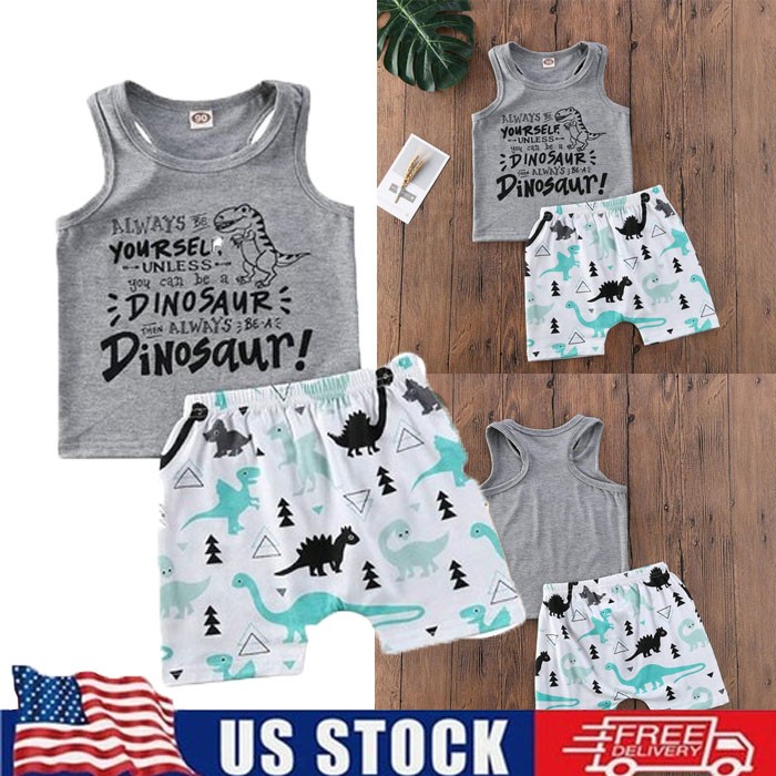 Newborn Baby Boys Summer Outfit Clothes Dinosuar Sleeveless Tops Tank Shorts