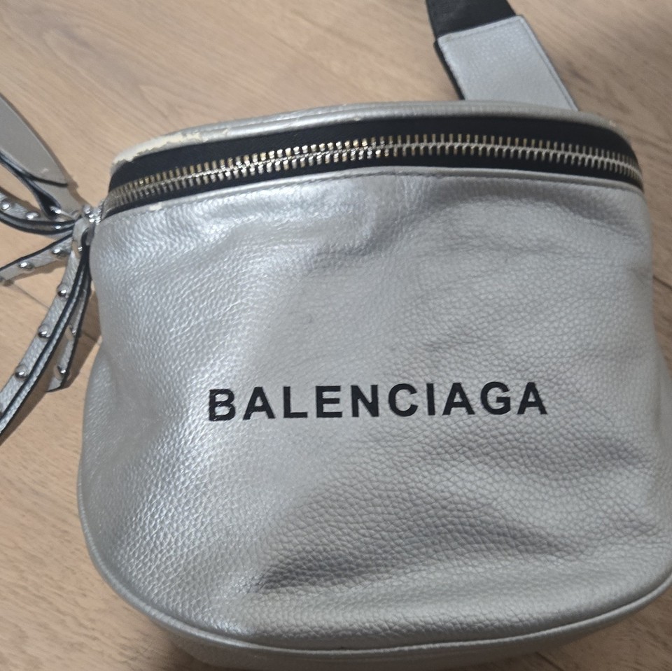 Balenciaga Metallic Silver Leather Logo Small Crossbody Bag Zip Detach Strap
