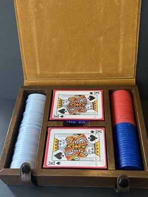 Vintage Poker Chip Set with 2 Decks of Cards in Wood Box 