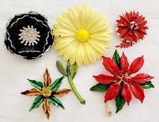 5 Vintage Enamel Flower Brooches Red Yellow Weiss Christmas Costume Jewelry 