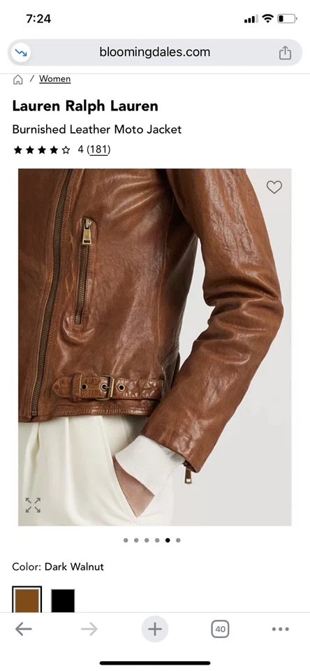 $495 Polo Ralph Lauren Chaqueta Moto Cuero Cordero Marrón Nogal Oscuro Mujer Talla 4 Foto 3 de 4