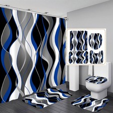 4 Pcs Blue Shower Curtain Black Bathroom Sets with Shower Curtain and Rugs Grey
