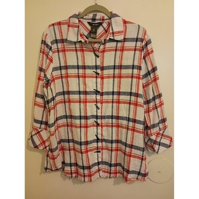 Ali Miles Women's Red & Navy Plaid Button-Up Shirt 3/4 Quarter Sleeve Sz M