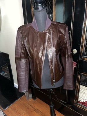 Theory Brown Shezi Motorcycle Moto Glossy Patent Leather Jacket Coat Size S