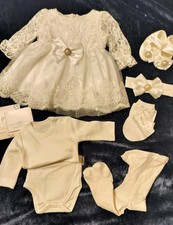 Baby Girl's Baptism Dress Outfit Tights, Undershirt, Shoes, Headband, Mits NEW 