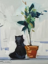 Jose Trujillo Art PRINT 16x20 Collectible Artist Painting House Plant Black Cat