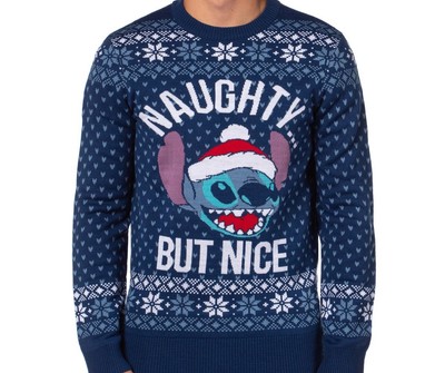 Disney Stitch Men's  XL Funny  Christmas Sweater Naughty But Nice Snowflakes New