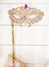 Masquerade Mask with Stick, Wedding Party Gold Stick Mask, Prom Crystal Mask
