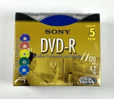 SONY DVD-R 5 PACK 120 MIN 4.7 GB RECORDABLE Media BLANK DISC NEW SEALED Colors