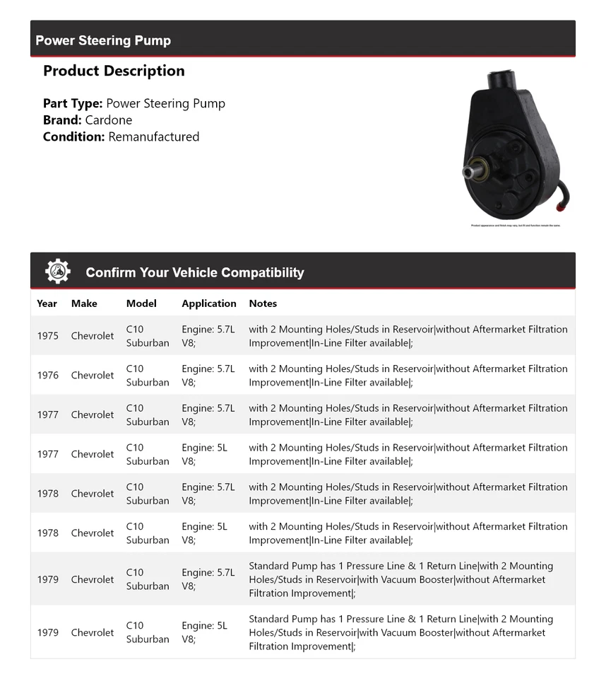 Насос гидроусилителя руля для Chevrolet C10 Suburban 1975-1979 годов выпуска Cardone 1976 1977 1978 годов выпуска - Изображение 2 из 4