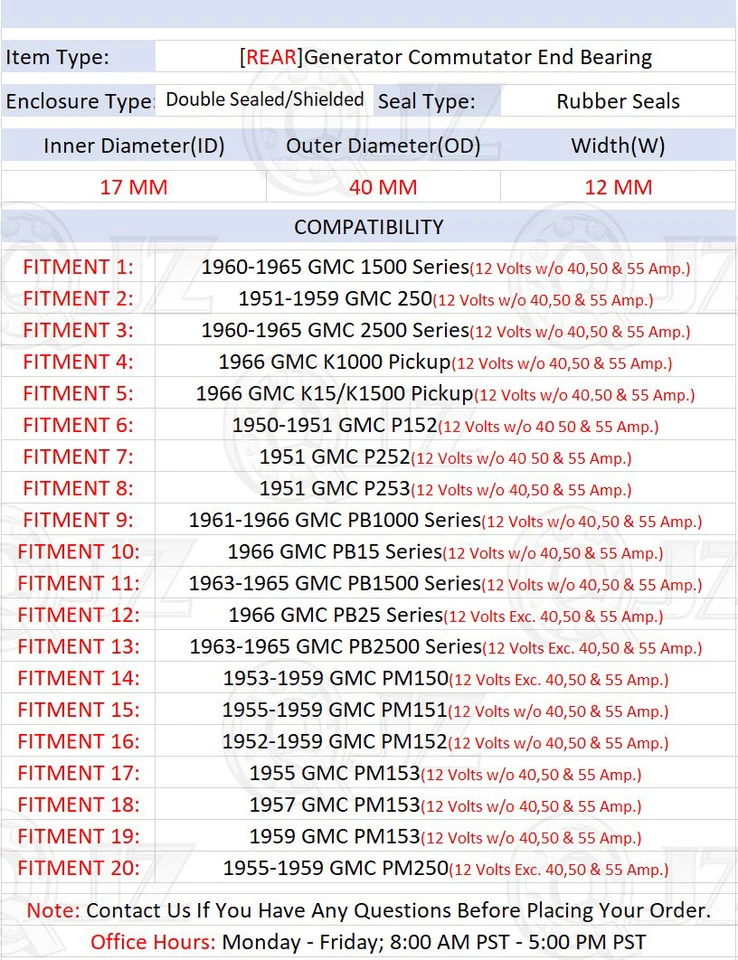 [TRASERO (cantidad 1)] Rodamiento extremo conmutador generador nuevo [diámetro de 17 mm] para GMC P252 1951 Foto 2 de 4