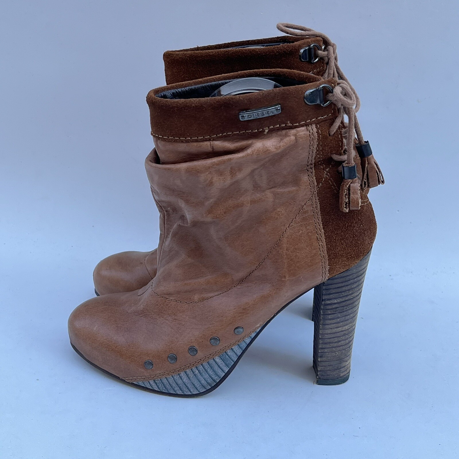 DIESEL Brown Leather Ankle Boots 36 Heeled Studded Lace Up Back Platform Slouchy thumbnail 7