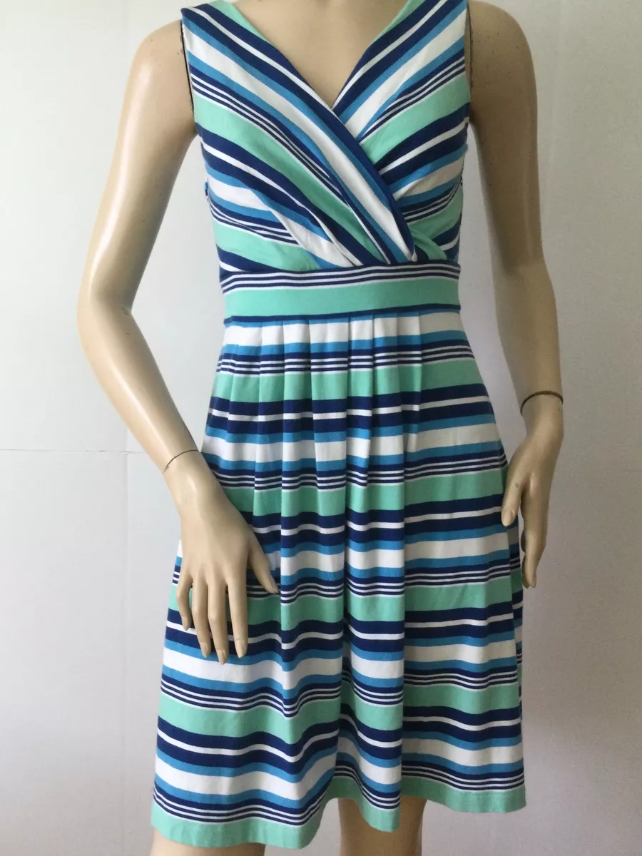 LANDS END Seafoam Green Blue White Striped Summer Dress Size S