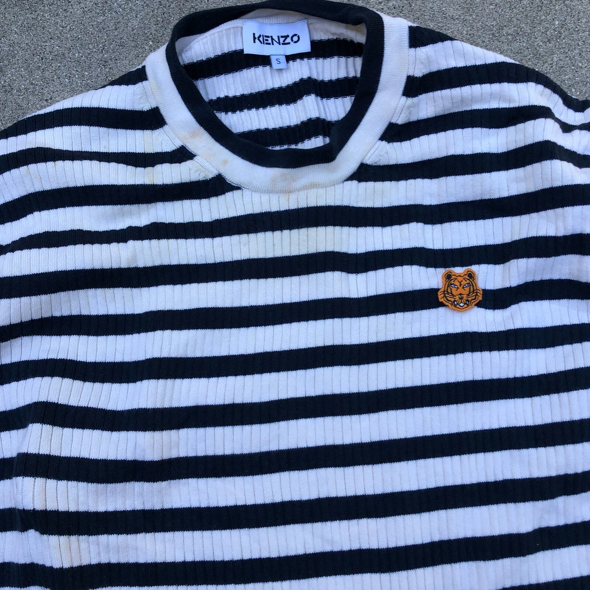 KENZO Paris Tiger Patch Logo Sweater Men's SMALL Sweatshirt Striped White  Blue