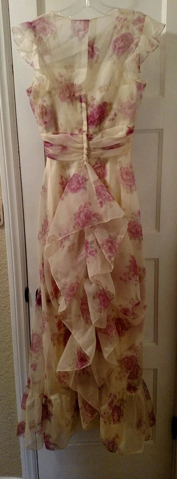 Vintage Floral Print Pink and Cream Full Length Dress With Ruffled Bustle Size S - Image 2 of 4