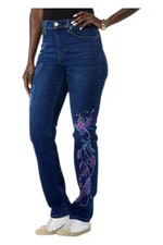 DG2 by Diane Gilman Women's Stretch Embroidered Straight Jean Indigo
