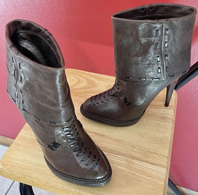 ROBERTO CAVALLI Brown Leather Lace Boots Booties Womens EU 39 US 8 Heels Italy