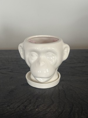 White Ceramic Monkey Head Planter with Saucer - 3.5'' Succulent Pot Chimp Face!!