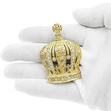Real 10K Yellow Gold Large Crown CZ Pendant Charm 2.1 inch