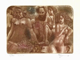 David Bekker: Exlibris / Bacchus zwischen weibl. Akten Trinkgelage