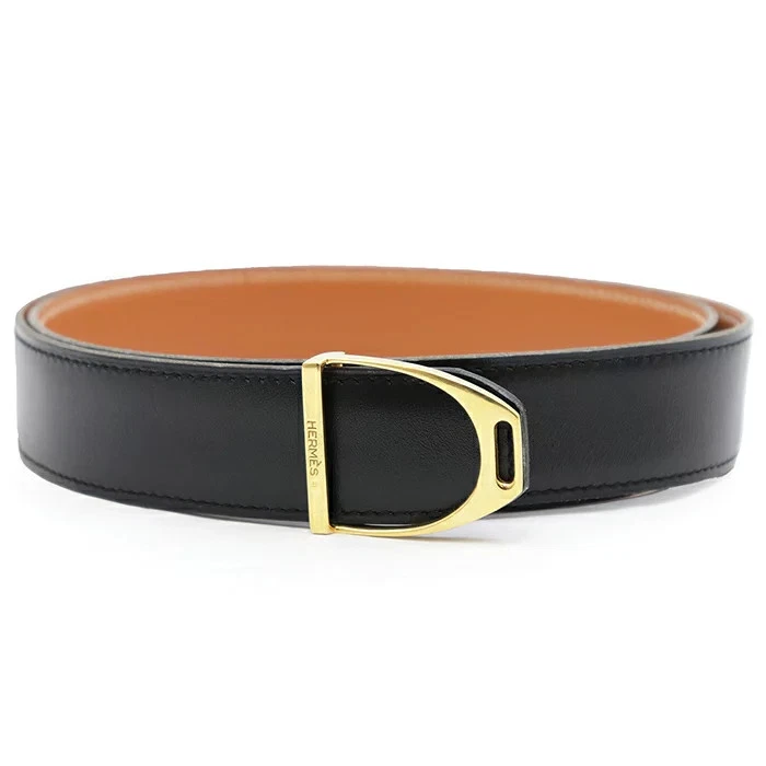 Hermes Leather Belt Men Etrie D Gold Buckle Reversible Black P *Bvj5046