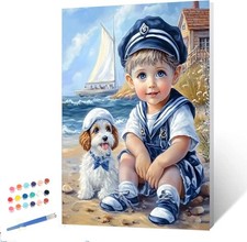Little Boy in a Navy Uniform and His Dog Paint by Numbers for Adults Beginner...