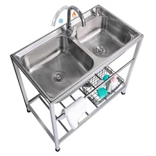 Outdoor Utility Sink Stainless Steel Double Bowl Sink Free Standing Commercia...