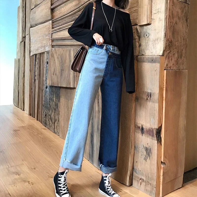 Ladies Denim Pants Trousers Jeans Contrast Color Patchwork Stretch