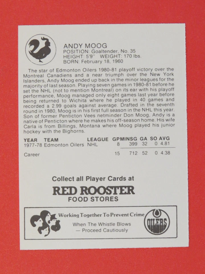 1982-83 Red Rooster Andy Moog, 2nd Year Edmonton Oilers Near Mint - Image 2 of 2