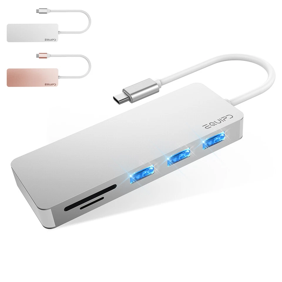 EQUIPD Aluminum USB C Hub Type-C Adapter 3 USB 3.0 & Card Reader for Macbook Pro