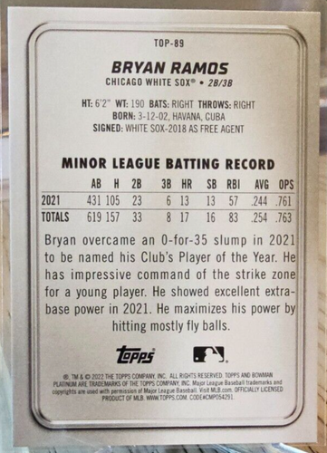 2022 Bowman Platinum Bryan Ramos #TOP-89 Chicago White Sox - Picture 2 of 2
