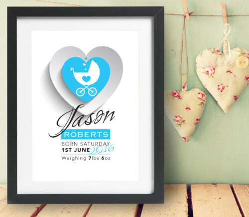 Personalised New Born Baby Heart & Pram Blue Boy Girl Print Gift Bespoke Present - Afbeelding 1 van 10