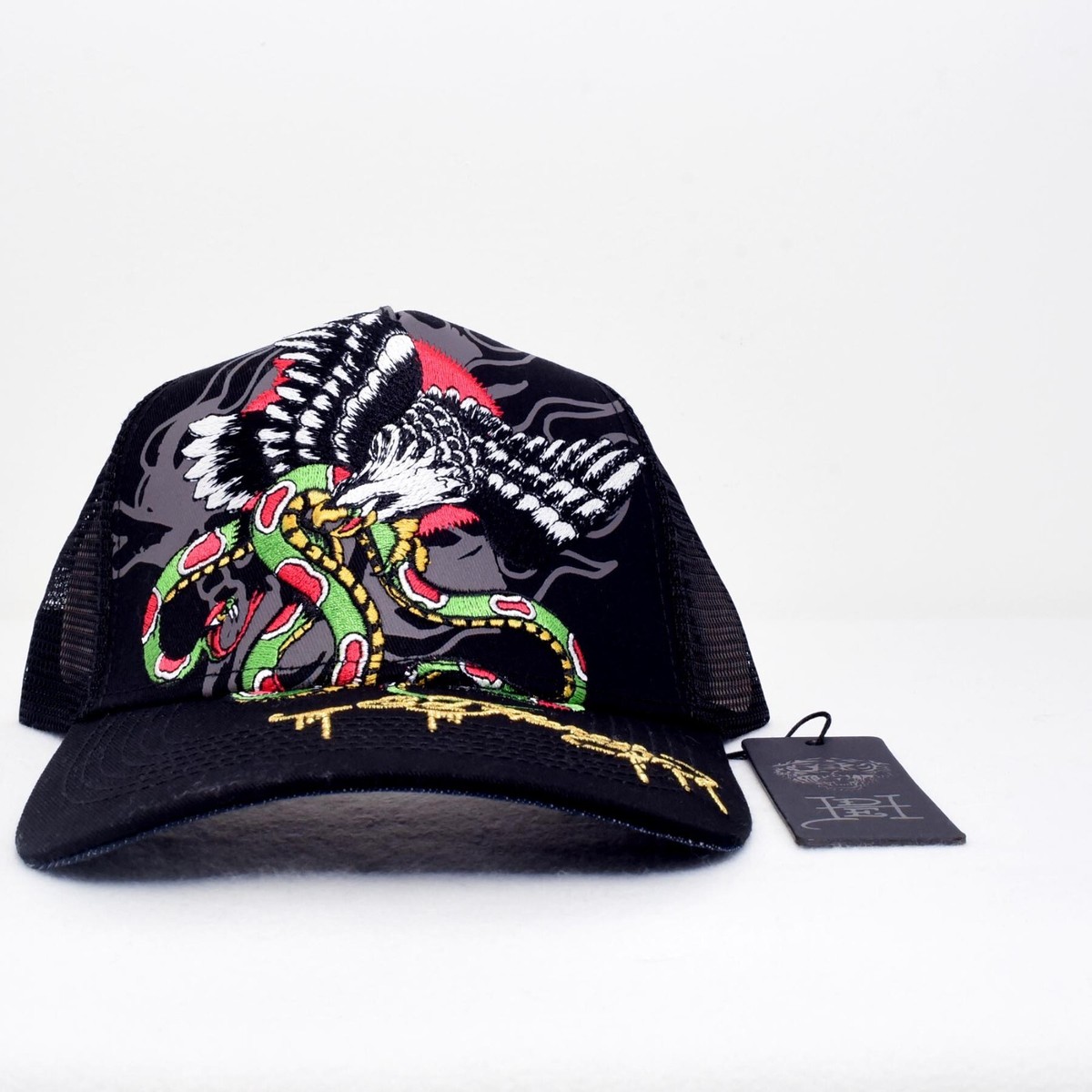 Ed Hardy Trucker Hat Embroidered Tattoo Eagle Snake Black Mesh